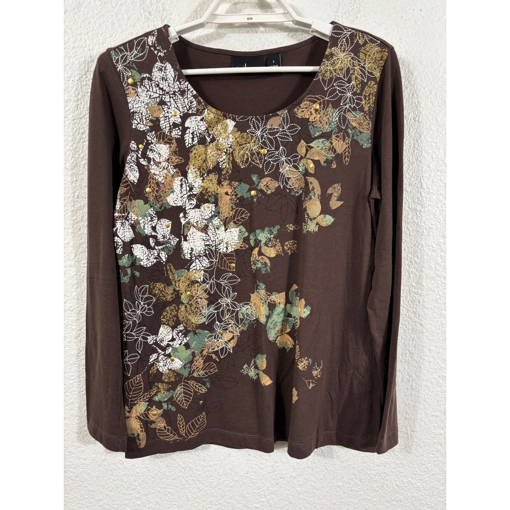 Erika Women's Brown Long Sleeve Floral Print Scoop Neck Cotton Top Size S‎